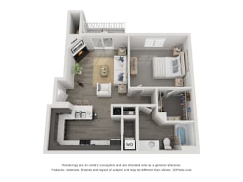 1 bed 1 bath floor plan D at Landings at Amhurst Lake Apartments, Waukegan, IL, 60085