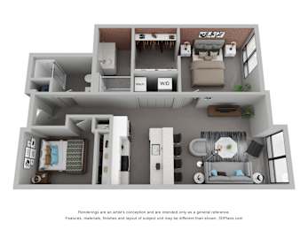 A 3D floor plan of a house with a kitchen, living room, and bedrooms.