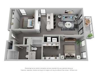 A 3D floor plan of a small apartment with a kitchen, living room, and bathroom.