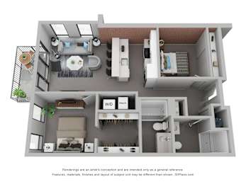A 3D floor plan of a small apartment with a kitchen, living room, and bathroom.