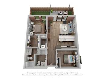 A 3D floor plan of a house with a kitchen, living room, and bathroom.