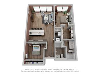 A 3D floor plan of a house with a kitchen, living room, and two bedrooms.