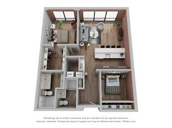 A 3D floor plan of a small apartment with a kitchen, living room, and bathroom.