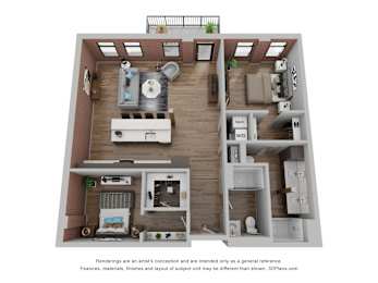 A 3D floor plan of a house with a kitchen, living room, and bathroom.