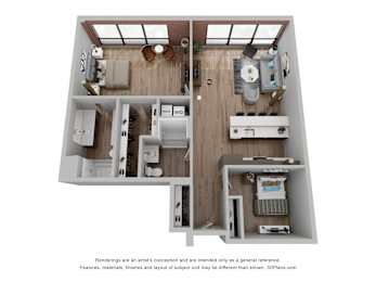 A 3D floor plan of a small apartment with a kitchen, living room, and bathroom.