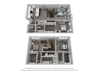Two 3D floor plans of a house with a kitchen, living room, and bedrooms.