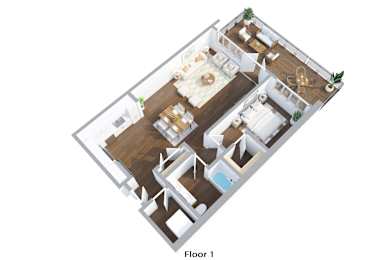 A floor plan of a house with a living room, dining room, kitchen, and two bedrooms.