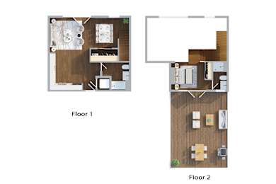 A floor plan of a two-story apartment with labeled Floor 1 and Floor 2.