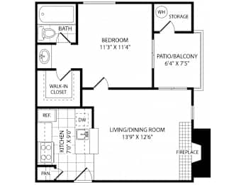 A black and white image of a house floor plan with a bathroom, bedroom, living/dining room, and a patio/balcony.
