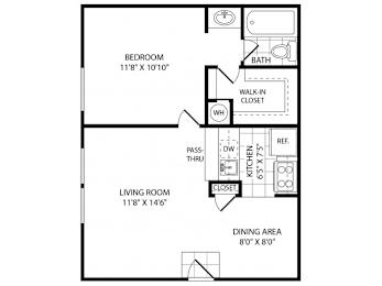 A floor plan of a small apartment with a bedroom, living room, kitchen, and dining area.