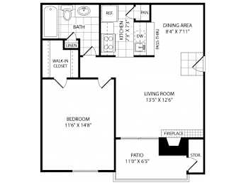 A floor plan of a house with a living room, dining area, kitchen, bathroom, bedroom, and patio.