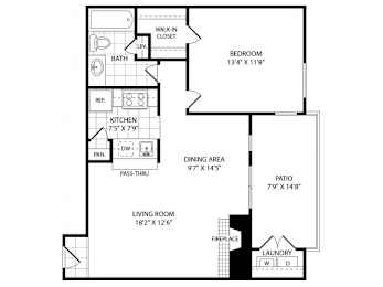 A floor plan of a house with a living room, dining area, kitchen, and bathroom.