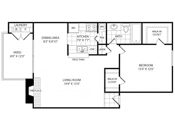 A floor plan of a house with a living room, dining area, kitchen, bathroom, and laundry room.