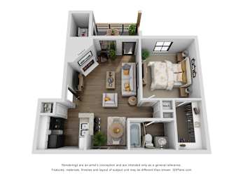 A 3D floor plan of a small apartment with a kitchen, living room, and bathroom.