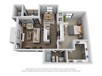 A 3D floor plan of a house with a kitchen, living room, and bedrooms.