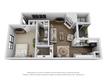 A 3D floor plan of a house with a kitchen, living room, and bedrooms.