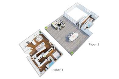A top down view of a two-story home interior.