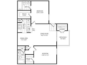 A floor plan of a house with a living room, dining area, kitchen, and two bedrooms.