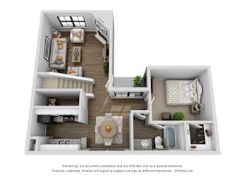A 3D floor plan of a two-bedroom apartment with a living room, kitchen, and bathroom.