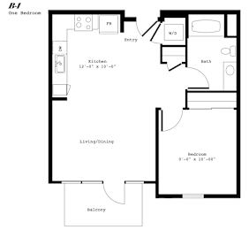 A floor plan of a one bedroom apartment with a balcony.