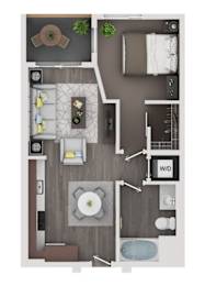A top-down view of a modern apartment layout with a kitchen, living room, and bathroom.