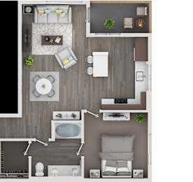A top-down view of a modern living room with a grey sofa, a white coffee table, and a grey rug.