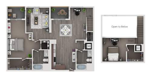 A floor plan of a house with a kitchen, living room, dining room, and bathrooms.