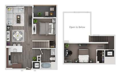 A floor plan of a house with a living room, kitchen, and bathroom.