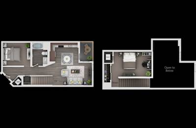 A floor plan of a two-story apartment with a living room, kitchen, and bedrooms.