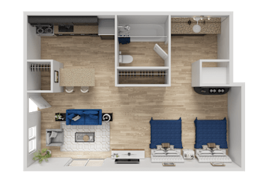 A top-down view of a living room with a fireplace, two chairs, and a dining table.