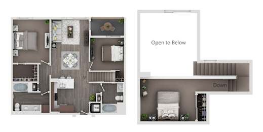 A floor plan of a two-story apartment with a living room, kitchen, and bedrooms.