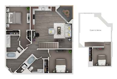 A top-down view of a house layout with a kitchen, living room, and bathrooms.