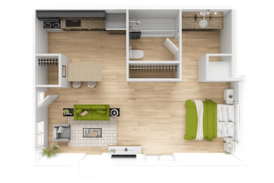 A top-down view of a living room with a fireplace, couches, and a dining area.