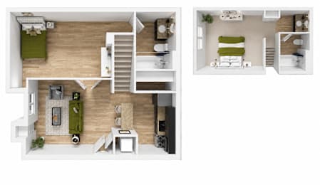 A set of three images showing different layouts of a small apartment.