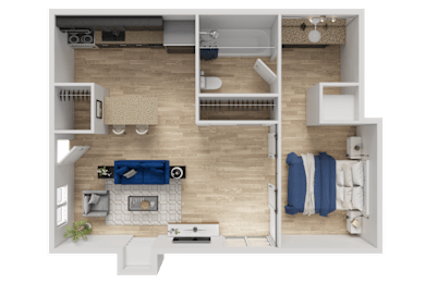 A top-down view of a modern living room with a fireplace and a bed.