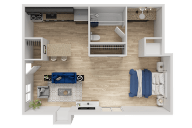 A top-down view of a modern living room with a fireplace, couch, and a dining area.