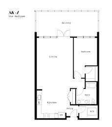 A floor plan of a one bedroom apartment with a balcony, living room, kitchen, bathroom, and entry way.