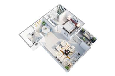 A 3D floor plan of an apartment with a kitchen, living room, dining room, and bedrooms.