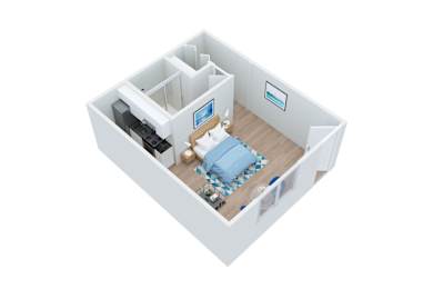 A top down view of a small apartment with a bedroom, living room, and kitchen.