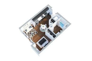 A floor plan of a studio apartment with a kitchen, living/dining area, bedroom, bathroom, and balcony.