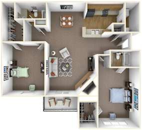 A 3D floor plan of a house showing the layout of the rooms.