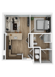 a stylized floor plan with a bedroom and a bathroom