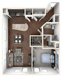 A 3D floor plan of a small apartment with a kitchen, living room, and two bedrooms.