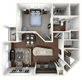 A 3D floor plan of a small apartment with a bedroom, living room, and kitchen.