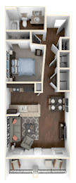 A floor plan of a two-bedroom apartment with a living room, kitchen, and bathroom.