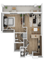 a stylized floor plan of a home with a bedroom and a living room