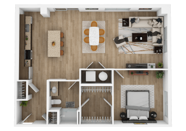 the interior of a house with a bedroom and a living room
