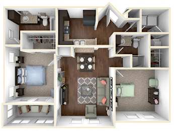 A 3D floor plan of a small apartment with a kitchen, living room, and bedrooms.