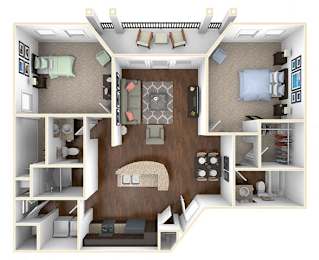 A 3D floor plan of a small apartment with a living room, kitchen, and bedroom.