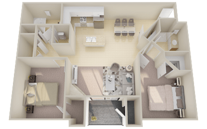 A 3D floor plan of a house with a kitchen, living room, and two bedrooms.